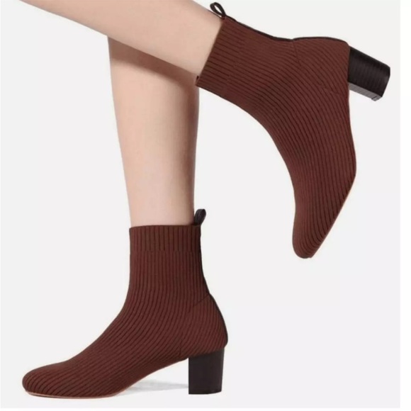 Joie Neely Knit Stretchy Block Heel Sock Ankle Boot Shoes Choc Brown Size 9.5 - Picture 1 of 14